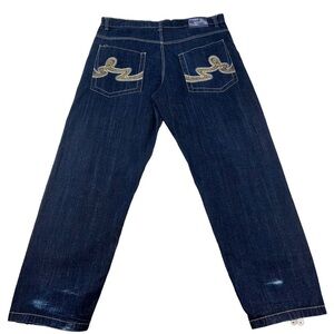 VTG EVOLUTION in Design Jeans Men 40X33 Blue Gold Pocket Embroidery Wide Leg Y2K